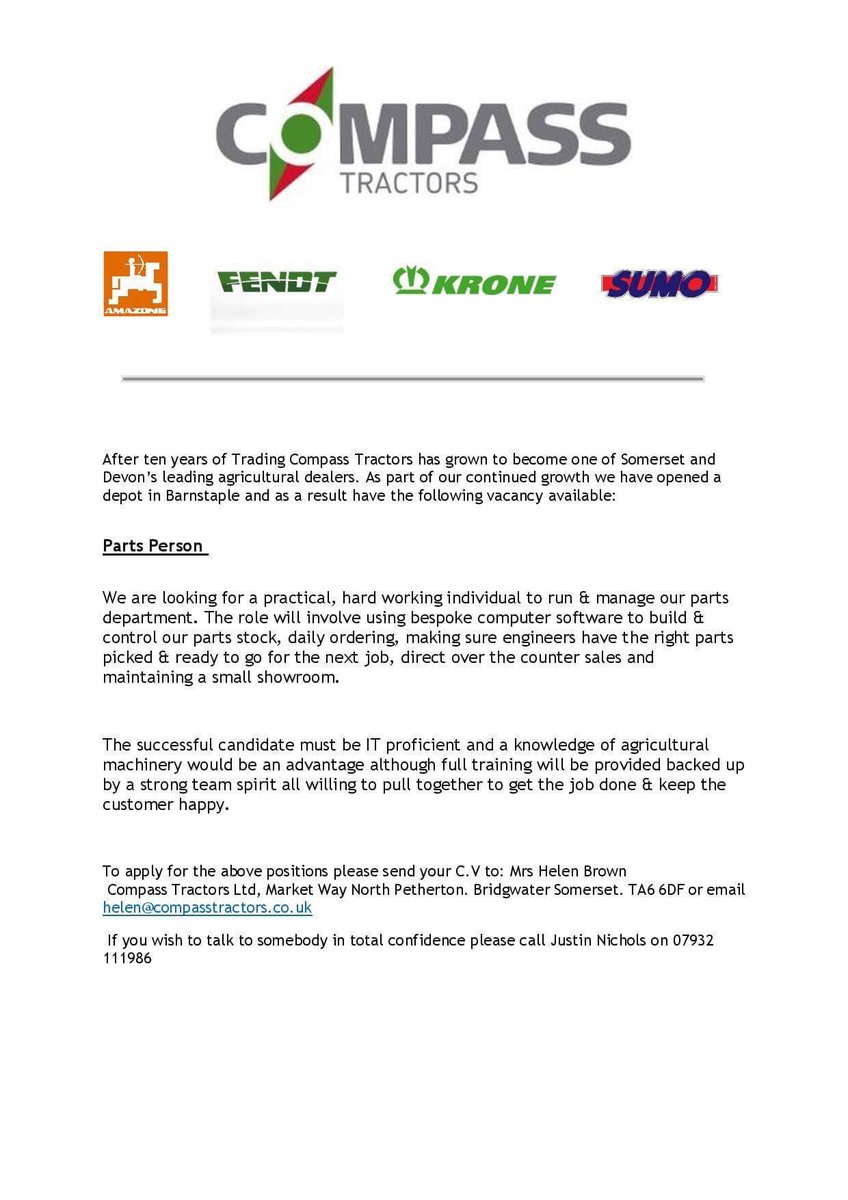CompassTractors's tweet photo. We are #recruiting a #parts person for our #northdevon depot in #barnstaple. If you think this is the job for you get in touch! #fendt #krone #amazone #sumo #agjobs https://t.co/a1Yzy8Reor