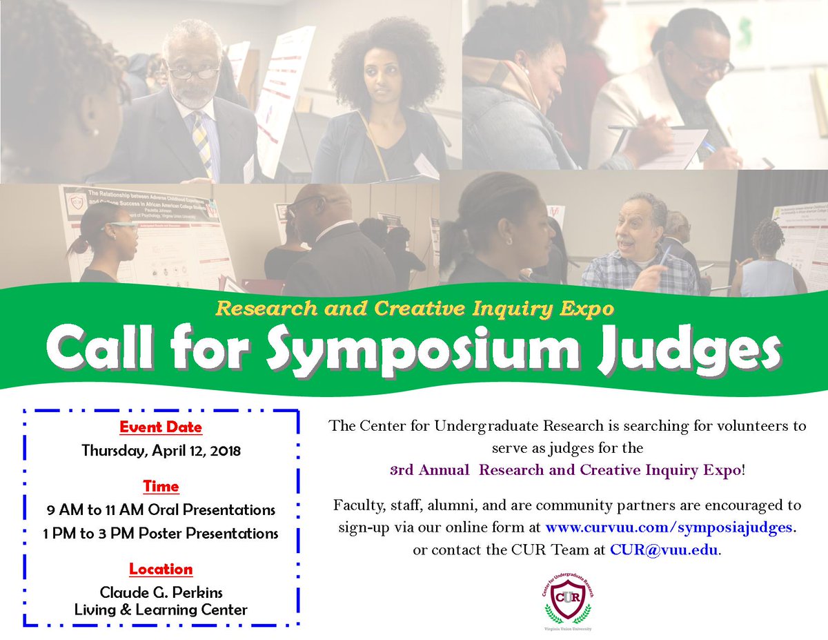 CUR_VUU's tweet photo. Hey #VUU alumni, faculty, staff, and community partners! If you're around Thursday April 12th we could use eight more judges for our Research and Creative Inquiry Expo.  Visit https://t.co/9EI68wXpy2 to sign-up! #VUUCUR #URWeek2018 https://t.co/uBK0kPrZMJ