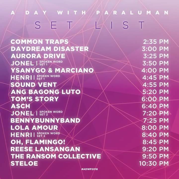 PRLMNOfficial's tweet photo. Para sa mga worried diyan na di makakahabol... hereโs the setlist schedule for tomorrow!
Walk-in rates would be 600. Itโs 550 for groups of 5 so tell your friends! See you tomorrow โบ๏ธ๐
#ADayWithParaluman
#DinigSaTengaTagosSaPuso https://t.co/3S6GLNC2Bs