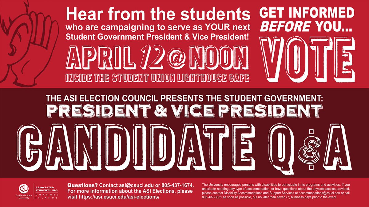 ci_asi's tweet photo. Don't miss the President and Vice President Candidate Q &amp; A on April 12 at noon in the Student Union Lighthouse Cafe! https://t.co/ayu04T0uQ8