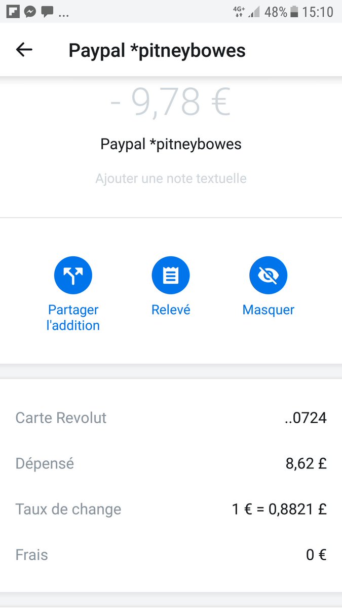 Karocyt's tweet photo. @EmmBLD @Loun_R @RevolutApp Paiement à pitneybowes, boîte de livraison de eBay, facturés dans la devise du client (ici euros). Revolut considère PayPal comme débiteur UK et envoie des Livres. Pas de frais mais 2% de bénef sur le taux. PayPal reçoit des Livres et convertit dans l'autre sens avec là encore 2% https://t.co/ZhpDnEqC8a