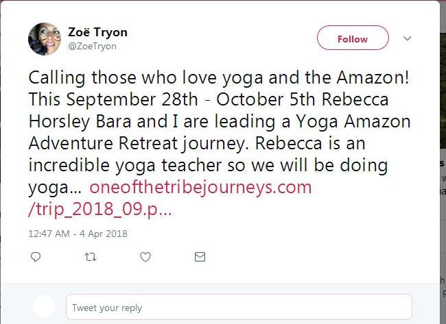 EyeOnAmazonWa's tweet photo. @dcareydiamond @NWAC_CA @_ONWA_ @BCNWA_ @kimpweaver @Terrilltf @AmazonWatch This elite white British @AmazonWatch ambassador refers to herself as the "Jungle Girl" 

Zoe Tryon founded her 100% white girl NGO in #Ecuador called, "ONE OF THE TRIBE" where she sells "Shamanic Journeys" for $6000 USD / 7 nights. 

#WhiteSupremacy https://t.co/6Zc7kfo4Jx