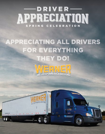Werner's one of a kind Driver Appreciation Spring Celebration is in full swing! Don't forget to #ThankADriver for everything they do. Without our professional drivers, our nations stops. We appreciate our drivers every day, thank you for all you do to keep America moving!