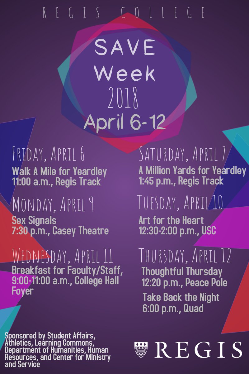 RegisNeighborIX's tweet image. SAVE Week Starts tomorrow - Saturday at 1:45, come walk a lap to help us reach #onemillionYardsforYeardley. Today's walk POSTPONED to #Regis5K on 4/19! #RegisSAVEWeek @RegisLife_MA @RegisMLax @RegisWLAX regiscollege.edu/student-life/t…