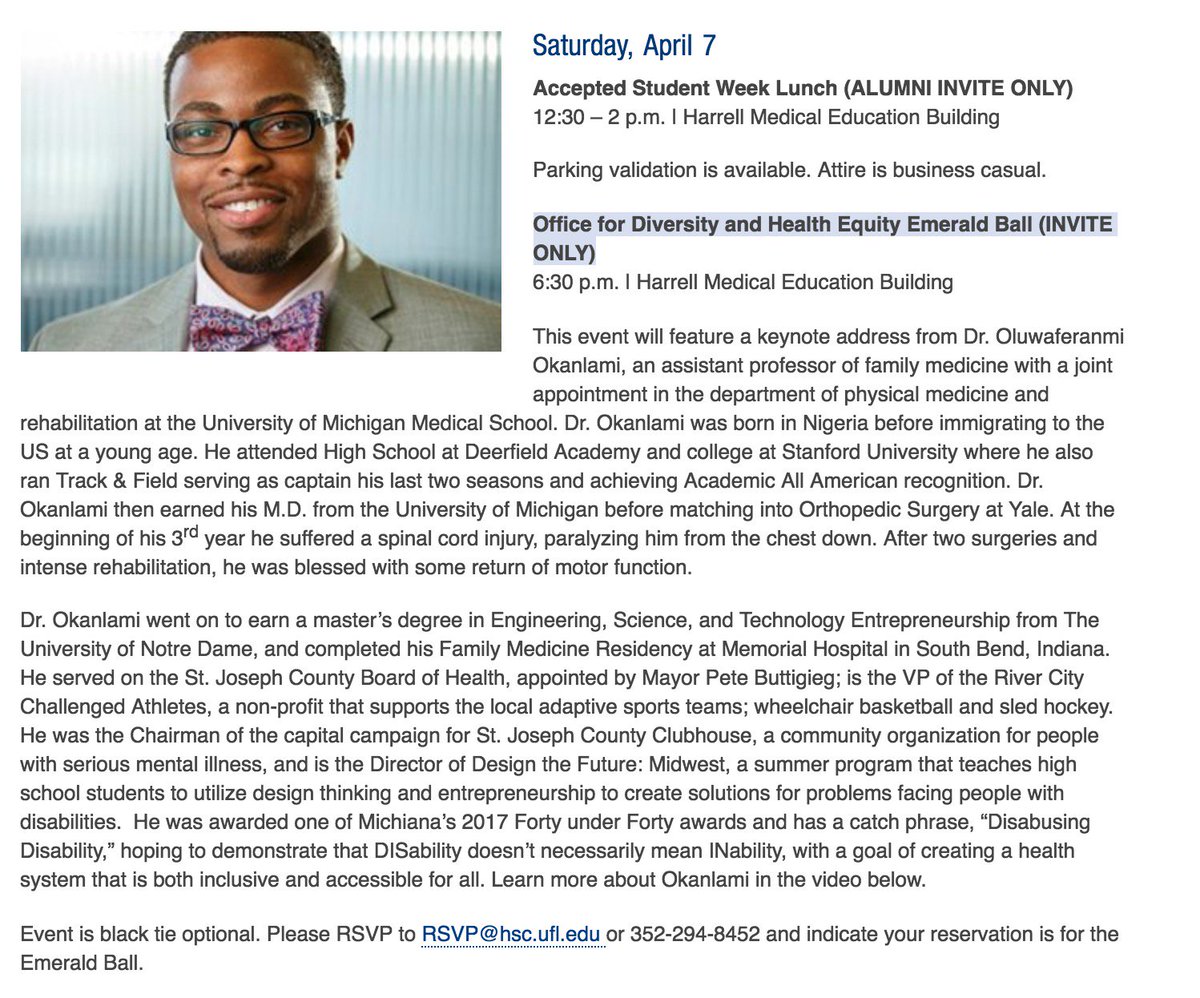 umfamilymed's tweet image. Dr. @Okanlami is capping off Celebration of Diversity week at @ufmedicine, delivering the keynote address at UF's Emerald Ball! Find out more: odhe.med.ufl.edu/8-2/diversityw… #DisabusingDisability#DocsWithDisabilities