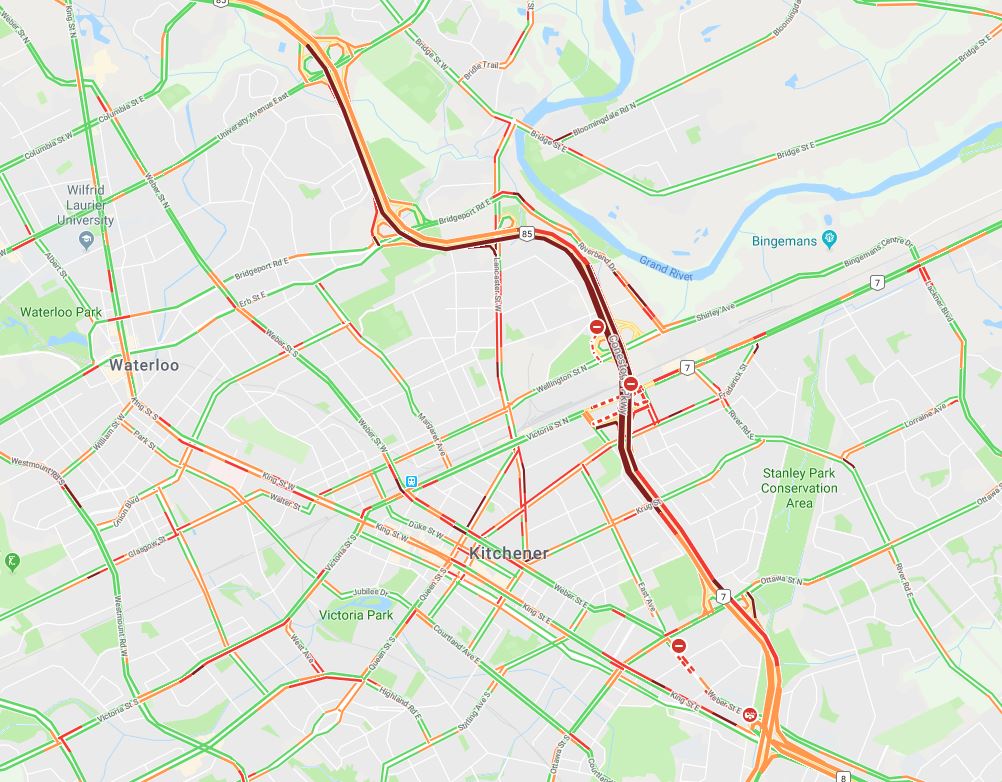 NewsRadioKIT's tweet photo. UPDATE: Multi vehicle crash HWY 85 SB south of Wellington. Only the left lane is getting through. Traffic STOPPED from approaching University.

Multiple collisions NB 85 heading into Waterloo. Traffic solid from Ottawa to Lancaster. 

Plan alternates around HWY 85. https://t.co/2RcmbjOxcN