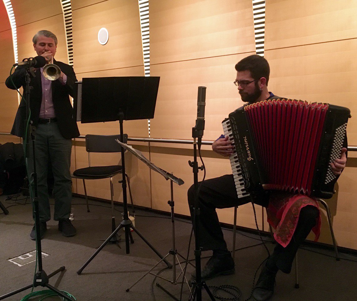 Holmes_BD's tweet photo. Great to play w/ Patrick Farrell for Person Place Thing with @randylandia &amp; @michaelbierut yesterday. Next week, Patty &amp; I are taking "The Conqueror Worm Suite" (visuals by @nataliecsousa) on tour to Princeton, DC, Georgia &amp; Florida - see https://t.co/WGorlUsmqm details &amp; video! https://t.co/IEQ21XClEo
