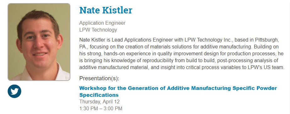CarpenterTechAM's tweet photo. If you are attending #AMUG2018, please join us for our "Workshop on the Generation of Additive Manufacturing Specific Powder Specification", on April 12th, 1:30-3:00pm CDT #AdditiveManufacturing #LPWTech #3dprinting https://t.co/HOjM33ktu8