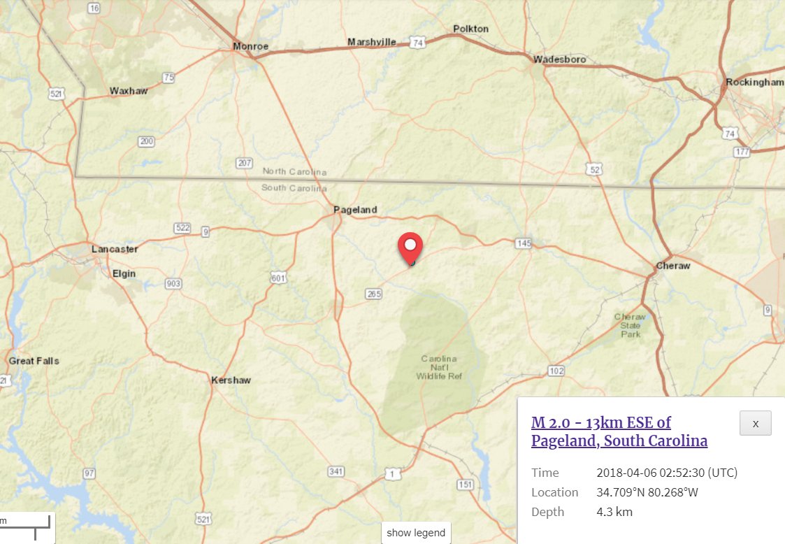 wxbrad's tweet photo. There was a small M 2.0 Earthquake last night around 10:52pm just Southeast of Pageland, SC. https://t.co/YTHQOtbdG7