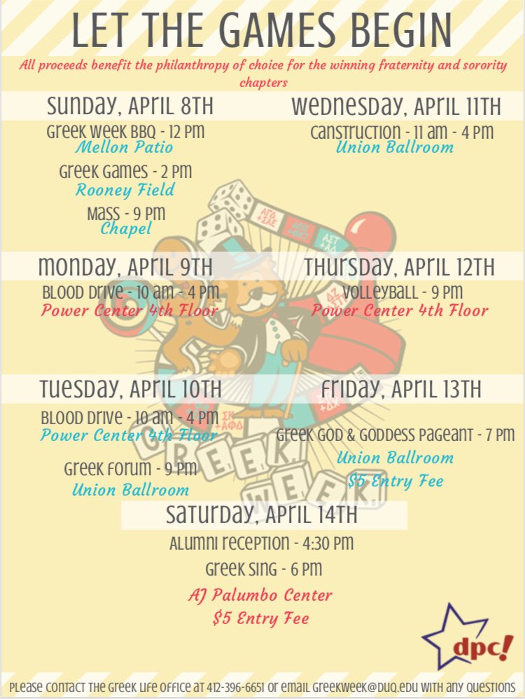 DuquesneGreeks's tweet photo. Let the Games Begin • Greek Week starts Sunday, April 8th and runs through April 14th. Don’t miss out on any event and seeing who will be victorious! 🏆

Don’t forget the @duqspirit Crowdfunding Challenge concludes on April 14th. Learn More &amp; Donate https://t.co/MgYWnyFqj3 https://t.co/11yKw6z8fM