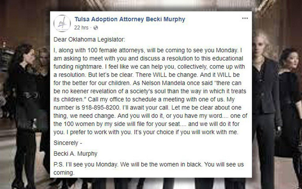 kfor's tweet image. Tulsa attorney’s open letter to Oklahoma legislators regarding teacher walkout going viral bit.ly/2q9rU0f