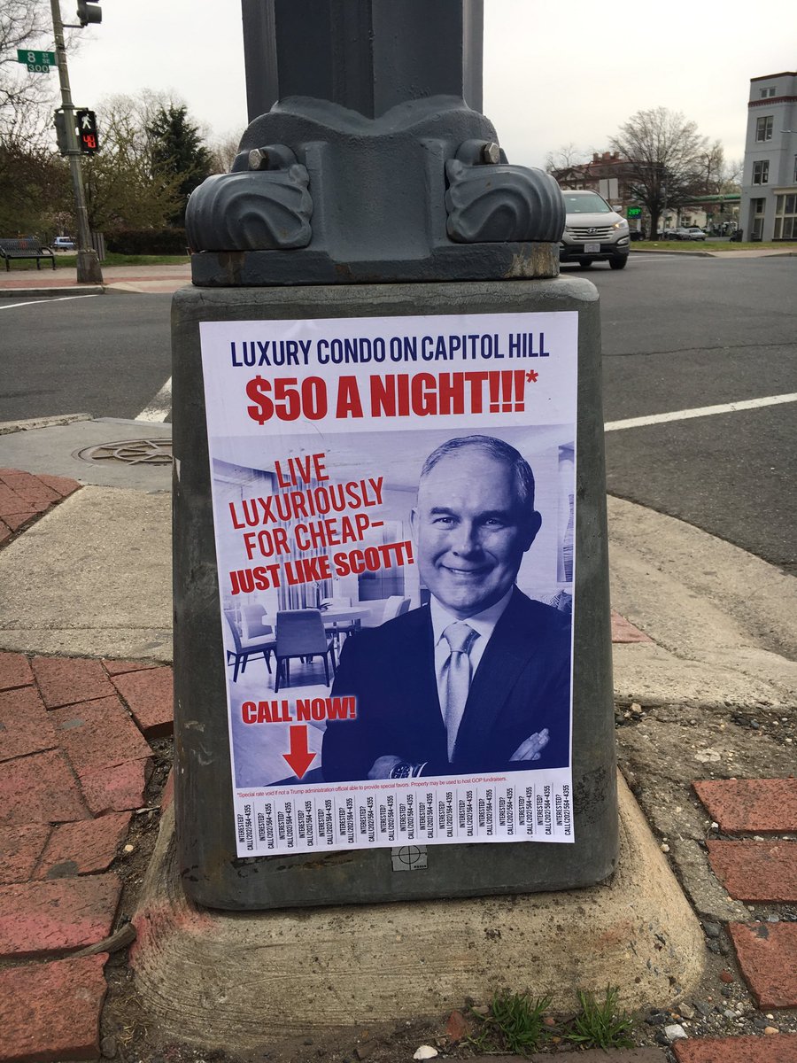 EricLiptonNYT's tweet photo. Signs around Capitol Hill poking fun at Scott Pruitt this morning, with little pieces of paper you can tear off that have the EPA Office of Public Affairs office telephone number. As if they have not gotten enough calls this week. https://t.co/FqPgpvFmGW
