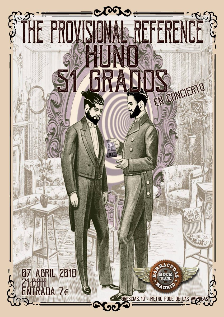 Este sábado noche 7 abril...
<a href="/TPR_band/">ProvisionalReference</a> + <a href="/51grados/">51grados</a> + <a href="/Hunoband/">Huno</a> 💥💥💥
en <a href="/salabarracudas/">Barracudas Rock Bar</a> 
Tiradísimo de precio siendo estos tres, así que no lo dudes si quieres rock y estás en Madrizzz  🤘