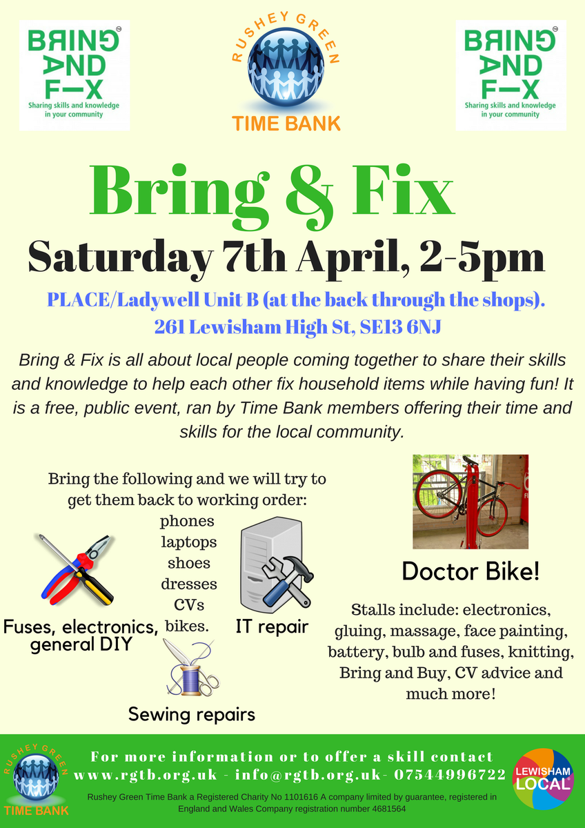 lewishamlocal's tweet photo. Got something that needs fixing? Check out the next Bring &amp; Fix on Saturday 7th April, from 2:00PM-5:00PM, when local people will be sharing their skills to help each other. @RGTB https://t.co/D0zT1pLGih