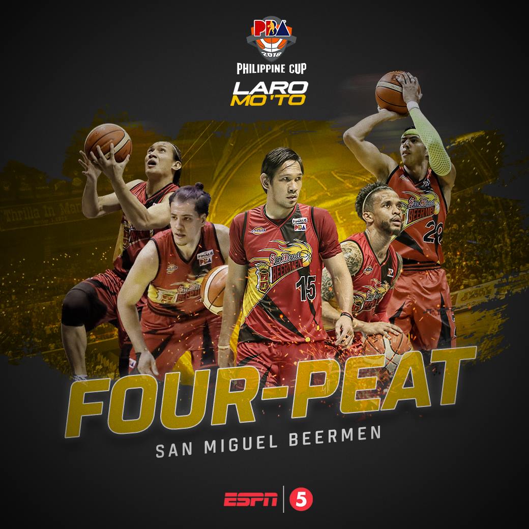 OneSportsPHL's tweet photo. HISTORY HAS BEEN MADE!

The San Miguel Beermen become the first team in history to win four straight PBA Philippine Cup titles! #4Peat

#PBAFinalsonESPN5 #PBALaroMoTo https://t.co/qI9SbCFhN7