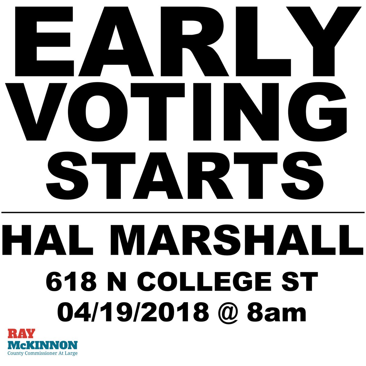 VoteMcKinnon's tweet photo. Starting April 19th the first week of Mecklenburg early voting is in one location: The Hal Marshall Building at 618 N College St. Itโs less than two weeks away so help us get the word out and sign up for volunteer shifts! https://t.co/ZR5BlEWCWy #runrayrun #mecklenburg #ncpol https://t.co/wOv5SrPweK