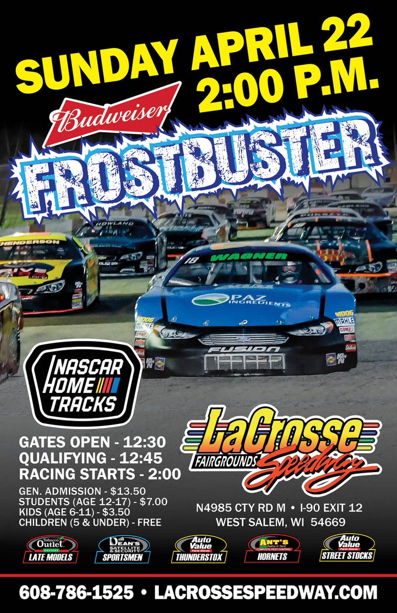LaxSpeedway's tweet photo. Sunday APR 22 - #Frostbuster: Tobacco Outlet Plus LM, @DeansSatellite Sportsmen, @AutoValueStores T-stox, @AntsPestControl Hornets &amp; Street Stocks 
Gates-12:30, Qualifying-12:45 ,Racing-2:00
General Adm. $13.50, Students (Age 12-17) $7, Kids (6-11) $3.50
Age 5 &amp; under-FREE https://t.co/fkLorUsxmq