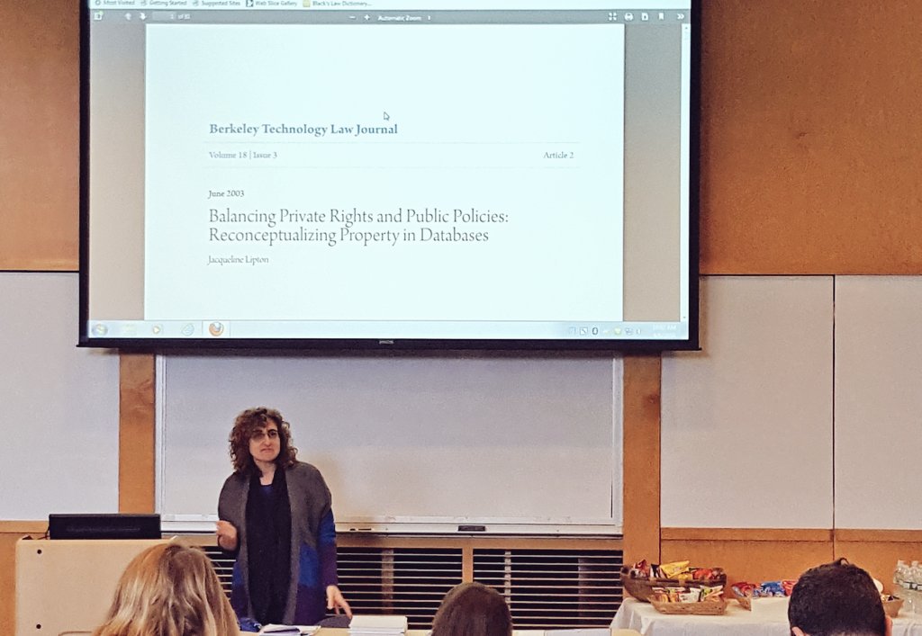 IPProfEvans's tweet photo. Next up is Jacqueline Lipton, whose #ipredux is on Balancing Private Rights & Public Policies: Reconceptualizing Property in Databases, back in 2003 when-as she reflects-colons were all the rage on the tenure track. #FPCIP #UNHLaw #copyright https://t.co/JQSH9r4eW3