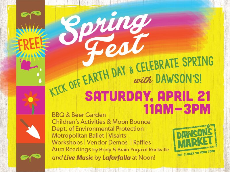 #SpringFest is coming! Kick off #EarthDay2018 and celebrate #Spring with <a href="/DawsonsMarket/">Dawson's Market</a> on Saturday, April 21, 11am-3pm. 🌎🌼🌷🌳 #familyfun #livemusic #ShopLocal #Rockville <a href="/RockvilleREDI/">Rockville Economic Development</a>