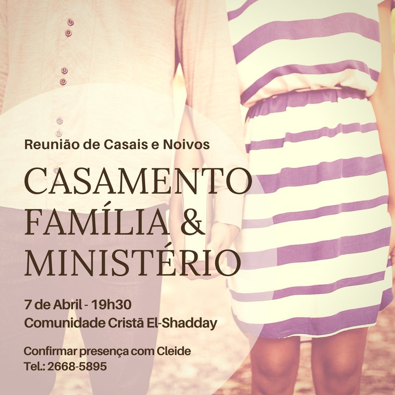 ccelshadday's tweet photo. Amanhã, 07 de abril, temos um encontro especial com casais e noivos, às 19h30. Falaremos sobre "Casamento, Família e Ministério". Esperamos por vocês!
Confirmem presença com a Cleide pelo telefone 2668-5895.
#casamento #família #parceriaconjugal #casais #noivos #ccelshadday https://t.co/gVDjJ5jxDD