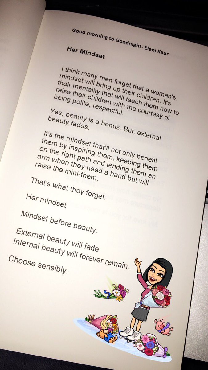 Her Mindset 🌸 - Good Morning to Goodnight 
Link to book:
amazon.co.uk/gp/aw/d/154286… #GodFirst 
#Poetry #BookReview #Poems #PoemsPorn #Beauty #BookTube #Quote #LoveQuote #Love #Healing #FemalePower #PoetryRecommendations #BookBlog