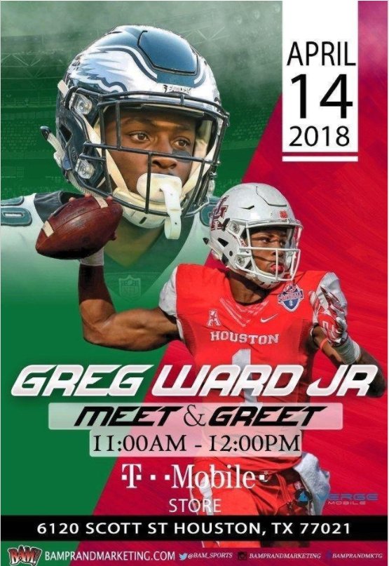 rubinesamuel's tweet photo. Come join us on April 14, 2018 at T-Mobile store on 6120 Scott St from 11am-12pm and meet Greg Ward Jr of the Philadelphia Eagles!  Greg also played for University of Houston and helped the Cougars win the Chick-fil-A Peach Bowl in 2015 and was named Offensive Player of the Game! https://t.co/V9NC0eTMOS