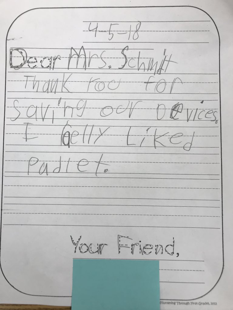 MrsKatieSchmidt's tweet photo. A letter on my desk from a grateful little first grader this morning 😍 #KeepMovingForwardBCPS @missyfanshaw @DearMrsEvans https://t.co/XOzGZ1xfkG