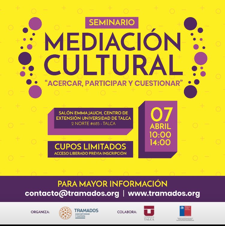 Ibacache's tweet photo. Mañana estaré en Talca participando en este seminario sobre Públicos y Mediación Cultural que organiza #Tramados👇 https://t.co/WLh9JE3wzk