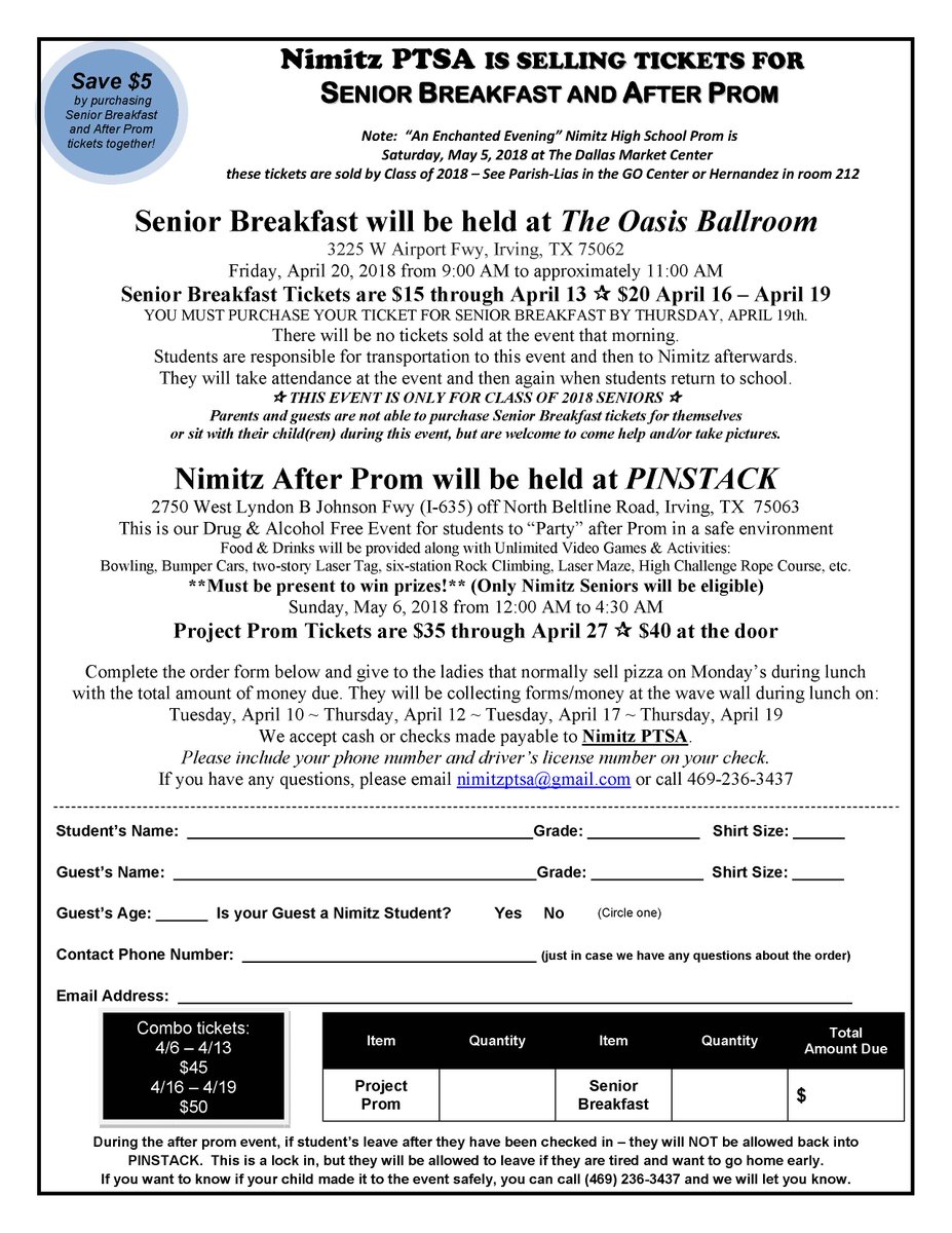 NimitzPTSA's tweet photo. @NimitzHSCO18  Here is Senior Breakfast &amp; After Prom info for Class of 2018 @NimitzHigh Seniors!  Please RT. https://t.co/StNqcYMaIH