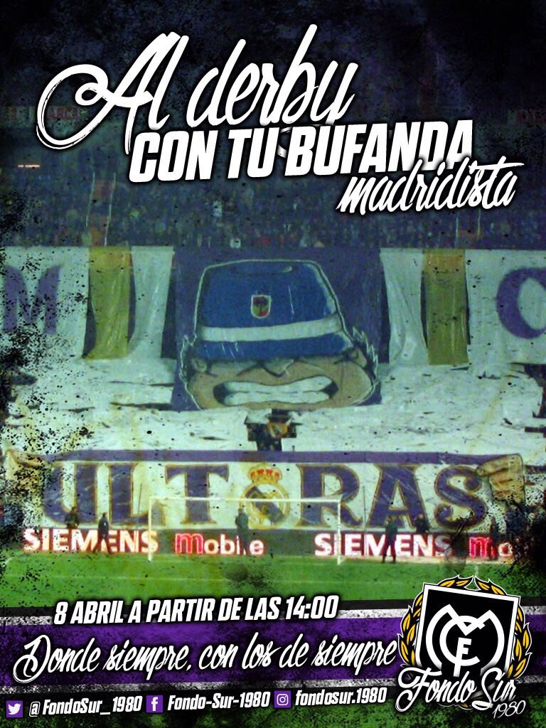 FondoSur_1980's tweet photo. ¡Al derby con tu bufanda madridista!
Te esperamos el Domingo a partir de las 14:00H donde siempre y con los de siempre. #USNoSurrender #QueVuelvaFondoSur https://t.co/34vQCc9gOj