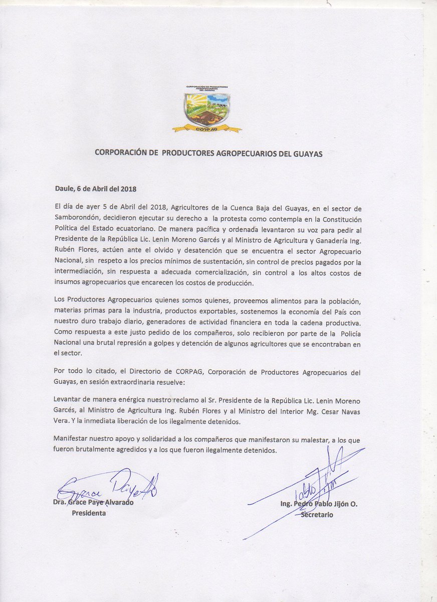 PROCUCTGYAS's tweet photo. Asamblea de #CORPAG mediante oficio a @Lenin @rubenfloresEC @navasveracesar
Levanta voz de protesta por agresión a Agricultores en Samborondón https://t.co/E9mhxQUgoj
