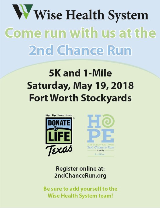 paradiseedc's tweet photo. Save the Date:  2nd Chance Run hosted by LifeGift on Saturday, May 19 in the historic Fort Worth Stockyards. Raising awareness for the need for organ, eye and tissue donation. Join the local @WiseHealthTX team when you register. https://t.co/YL8H6wseNn