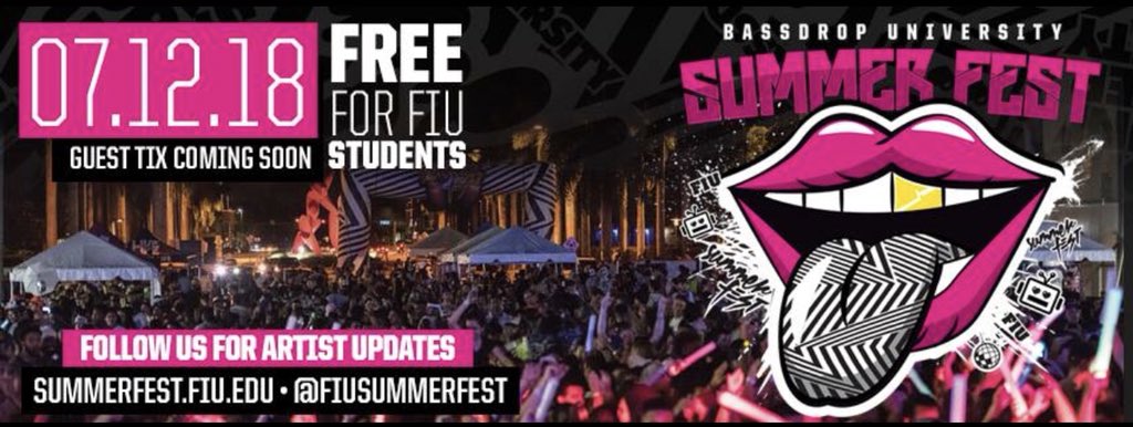 BDUFestival's tweet photo. Official Summer Fest concert date July 12, 2018!!! FIU students FREE, guest tickets coming SOON. Don’t miss your #BassDropUniversity start date!!! 🎉🎉 #FiuSummerFest
https://t.co/mQoBB2ffk7 https://t.co/Bipsv6Eu0v