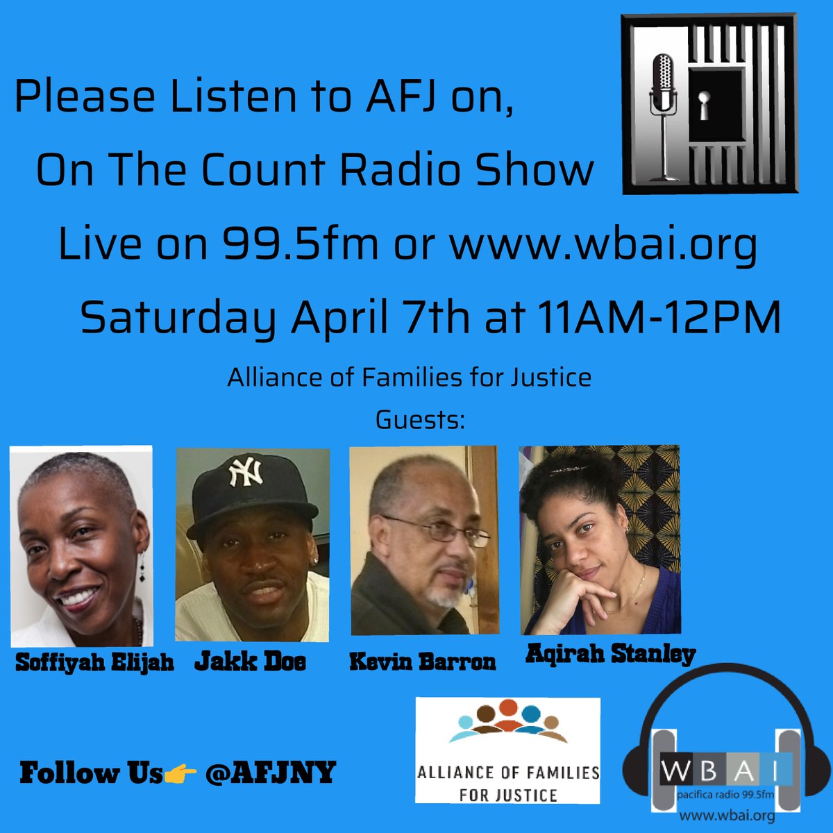 afjny's tweet photo. Please make sure to listen to our AFJ interview tomorrow morning at 11am-12pm Live on 99.5fm or stream live on https://t.co/R0eHrTsino ,On The Count Radio Show @onthecount 
#radio #wbai #prison #criminaljusticereform #shutdownAttica #AFJ #interview #talkradio #onthecount https://t.co/NEeezGn0Td