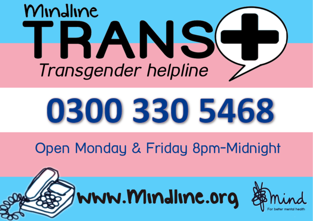 BDCMind's tweet image. #Mindlinetrans+ is open tonight from 8pm-midnight. 

Call them on 0300 330 5468 to talk and have someone to listen to if you identify as #trans #nonbinary #agender #genderfluid or if you&apos;re confused about your gender. They&apos;re also there for friends and family who need support too