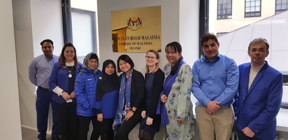 Bolbery's tweet photo. Staff @MYEmbHelsinki dressed in blue showing our support #AutismDay2018 #Permata Kurnia Autism Cafe Project Malaysia #WorldAutismAwarenessDay @mynasom #LightltUpBlue https://t.co/e2a7kV2ysG