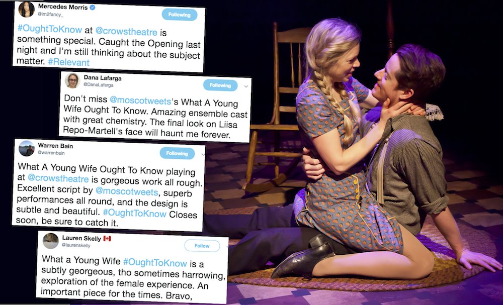 crowstheatre's tweet photo. ONLY 3 SHOWS LEFT! Do not miss Hannah Moscovitch's What A Young Wife Ought to Know! Closing tomorrow eve, some tix left: https://t.co/gzVHgPLfBg #OughtToKnow #Relevant #Amazing #Haunting #Gorgeous #Harrowing https://t.co/hfn4YWpiNC