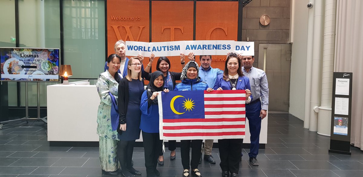 Bolbery's tweet photo. Staff @MYEmbHelsinki dressed in blue showing our support #AutismDay2018 #Permata Kurnia Autism Cafe Project Malaysia #WorldAutismAwarenessDay @mynasom #LightltUpBlue https://t.co/e2a7kV2ysG