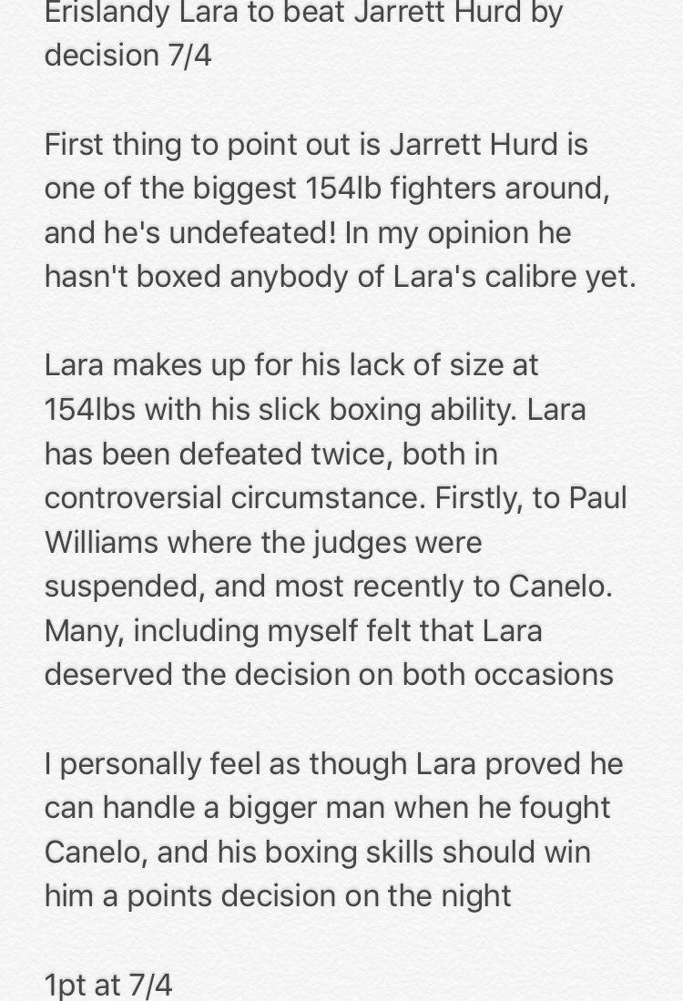 BoxingExpertTip's tweet image. Lara to beat Jarrett Hurd on points @ 7/4 🥊