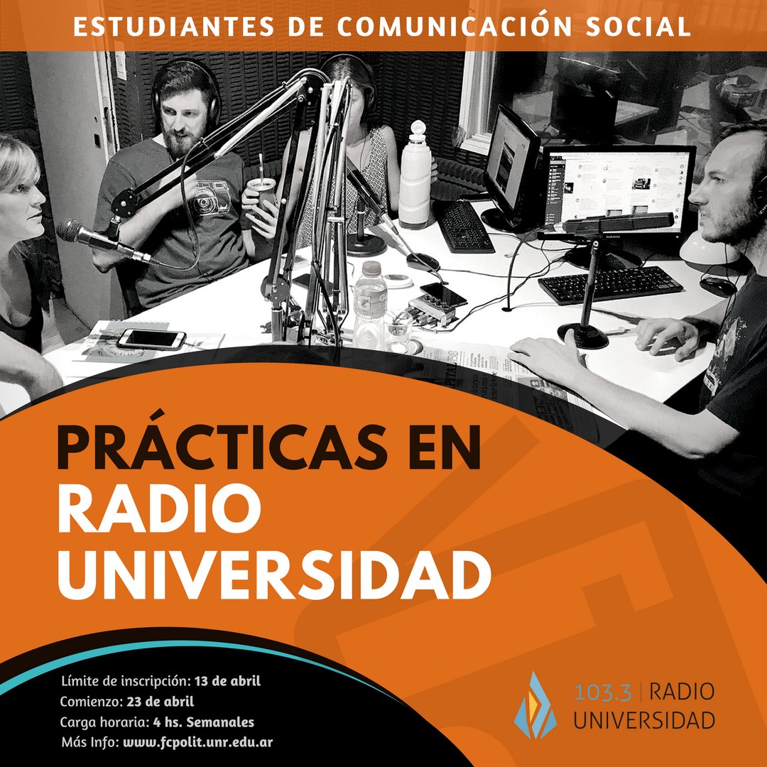 radiounr's tweet photo. 📻Prácticas en @Radio_UNR para estudiantes de Comunicación Social
En total se convoca a 8 estudiantes: 2 para @MarcaAlmohada, 2 para @falvivo, 2 para Lo que es laCiencia, 1 para #ApuntesyResumen, 1 para Producción Artística.

ℹ️Más info en: https://t.co/zEBad5dl0m https://t.co/tpvqh8GFwO