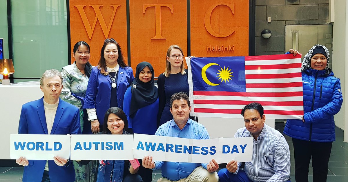 Bolbery's tweet photo. Staff @MYEmbHelsinki dressed in blue showing our support #AutismDay2018 #Permata Kurnia Autism Cafe Project Malaysia #WorldAutismAwarenessDay @mynasom #LightltUpBlue https://t.co/e2a7kV2ysG