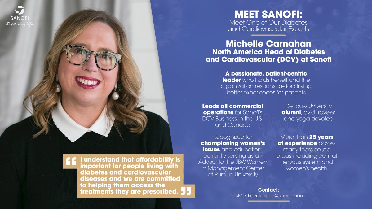 SanofiUS's tweet photo. Meet #Diabetes and #Cardiovascular expert, Michelle Carnahan, Head of Diabetes &amp; Cardiovascular, Sanofi, North America. #MeetSanofiExperts https://t.co/gqrc2zpG86