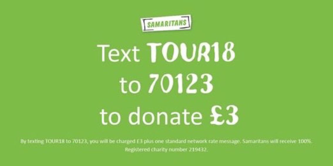 You can support @samaritans through @SarahMillican’s tour too by texting TOUR18 to 70123 to donate £3.