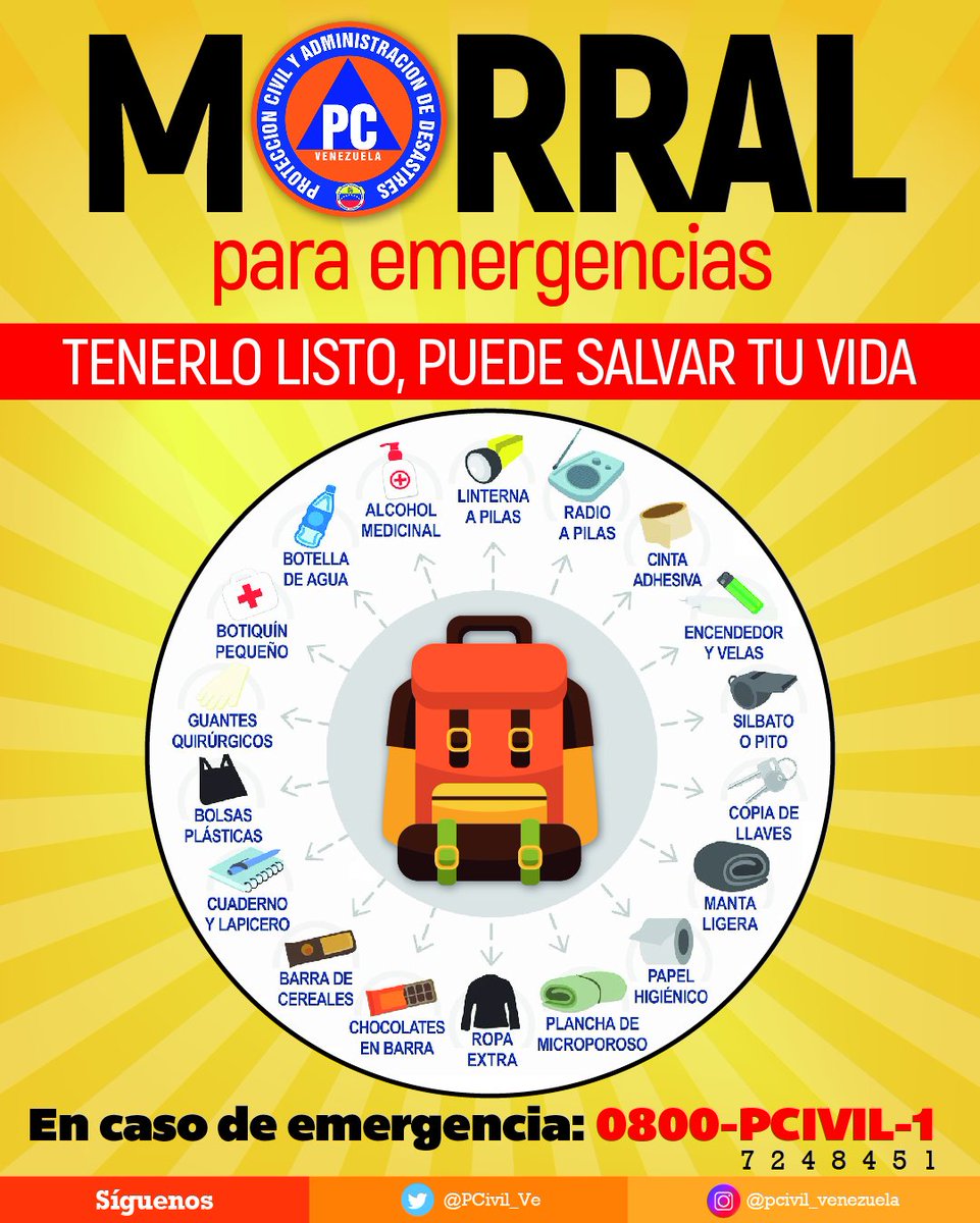 PCivil_Ve's tweet photo. #9Abr l ¿Ya tienes listo tu morral de emergencia? Recuerda que la prevención empieza por ti.   

Tú morral debe de tener: hidratación, medicamentos y ropa extra (+INFORMACION) 👇🏽 #SoloQueremosSalvarVidas #VenezuelaTrabajaYAvanza  https://t.co/2uHTfe3jWC