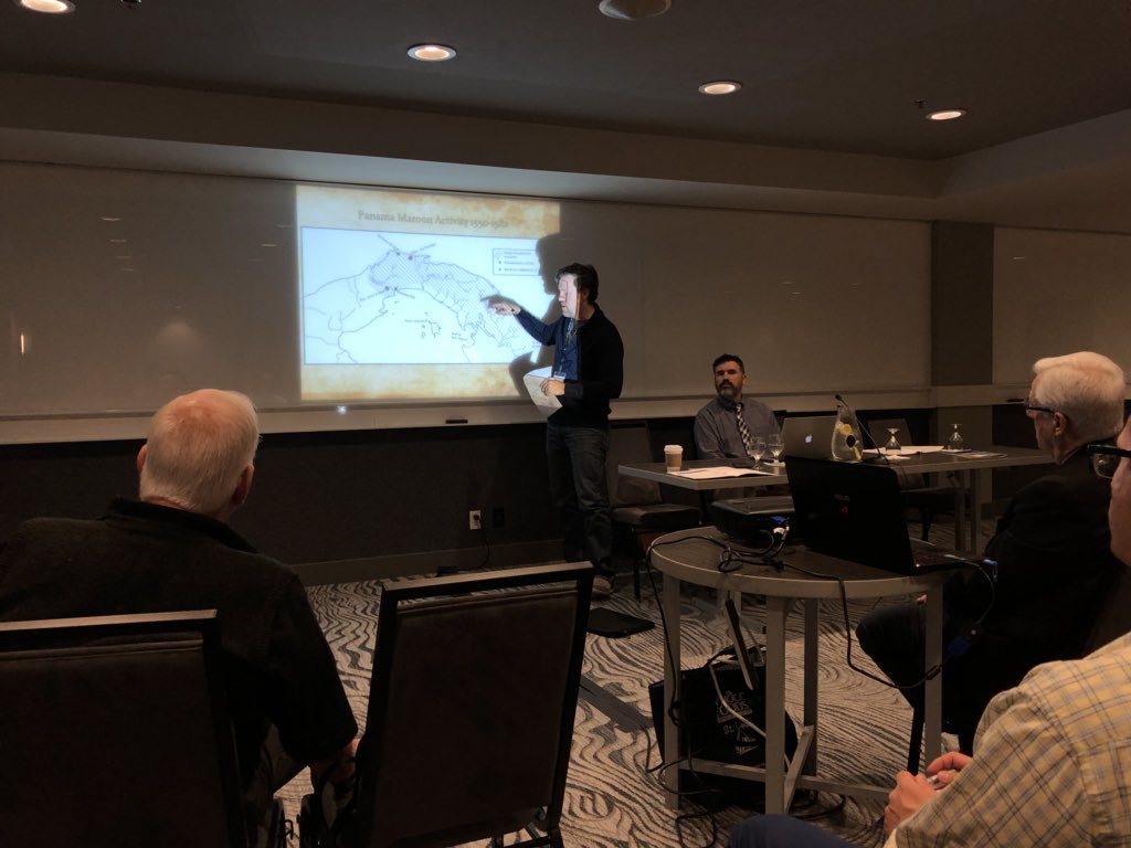 IntrepidHistory's tweet photo. Schwaller parses #maroon actions and reactions to #SpanishColonial peace neg., treaties, &amp; English predation. Jurisdictional differences for maroon communities thru 16 c. #HumanGeographies #afromexican #transatlanticworlds #afrocaribbean #LatinAmericanHistory #HistoryofPanama https://t.co/7XRk6jDr2X