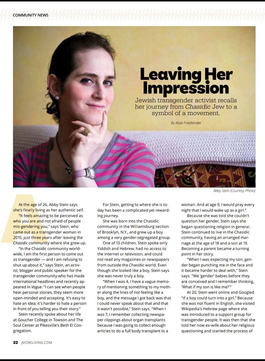 AbbyChavaStein's tweet photo. In this months #print edition of @JmoreLiving:
#transawareness #publicspeaking #Baltimore #magazine #activist
#LGBTQ #QueerJews #equality
#love #OTD #Hasidic #XO #ItGetsBetter
Online article: https://t.co/KwffUsOZwL
@facebook Live with #Jmore: https://t.co/mrKN4U0rsM https://t.co/hdKBM2ba8t