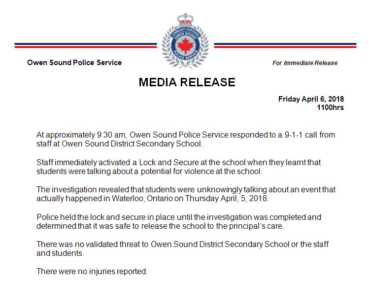 <a href="/MDazeOSPS/">Inspector Dazé OSPS</a> @923thedock <a href="/NewsBayshore/">Bayshore News</a> <a href="/CityOwenSound/">City of Owen Sound</a> <a href="/ian_boddy/">Ian Boddy</a> <a href="/JFluneyOSPS/">InspectorFluney OSPS</a> <a href="/WRPSToday/">Waterloo Regional Police</a> <a href="/OSDSS_/">OSDSS</a> <a href="/BluewaterDSB/">Bluewater DSB</a> #MEDIARELEASE Friday April 6, 2018. Hold and Secure lifted.
  <a href="/OSDSS_/">OSDSS</a> <a href="/BluewaterDSB/">Bluewater DSB</a>