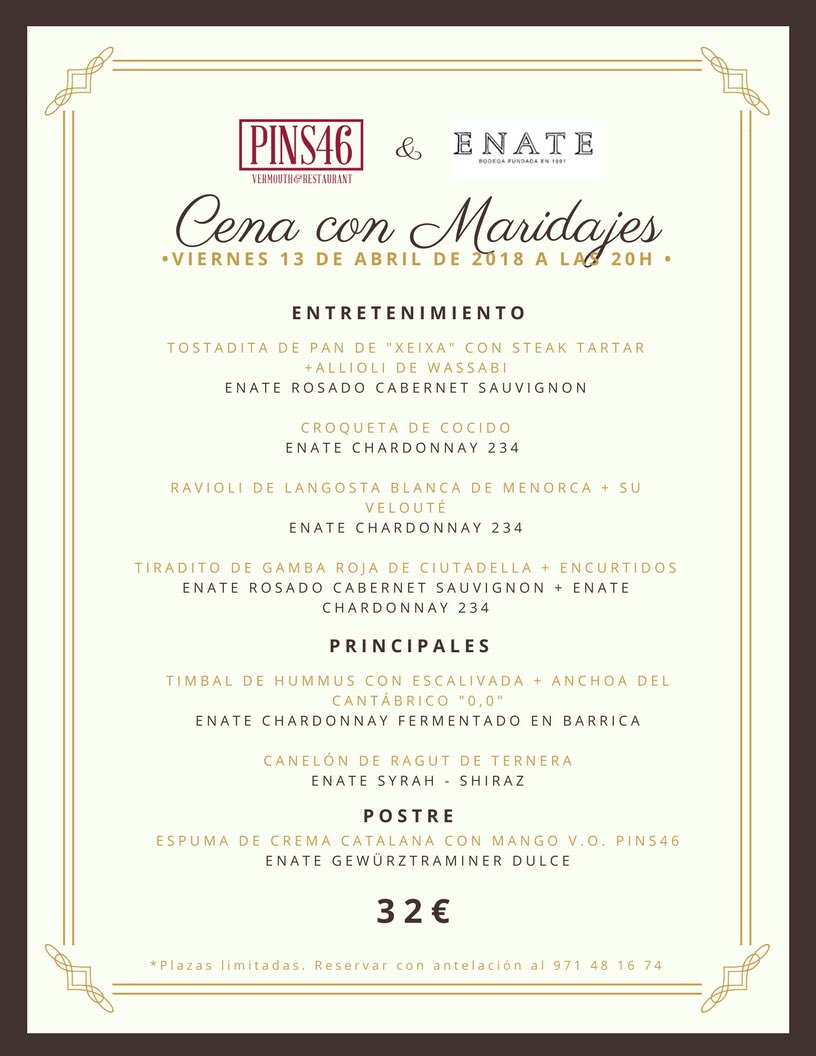 PINS46's tweet image. Este viernes 13/04 a las 20h junto con nuestros amigos de @BodegaEnate hemos diseñado una propuesta de menú con maridajes fresca e informal para disfrutar de lo lindo y va dirigida por el crack de Óscar Valle. 
Reservas con antelación al 971481674. Plazas limitadas @cometemenorca