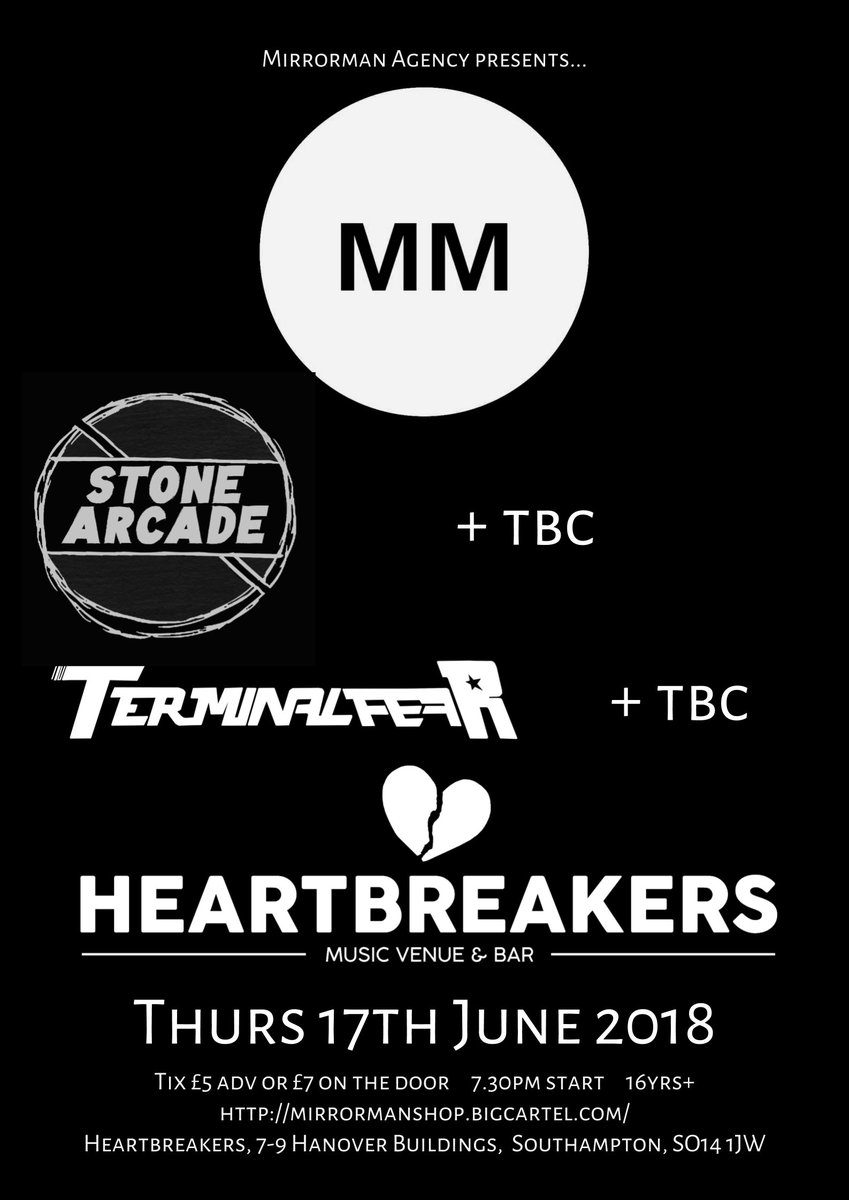 MirrormanAgency's tweet photo. Just announced: brand new #livemusic #showcase #event on Thursday 17th May at @heartbsoton with @StoneArcade @TerminalFear plus more tbc!
#Southampton #Hampshire #music #guitars https://t.co/J68yJup97X