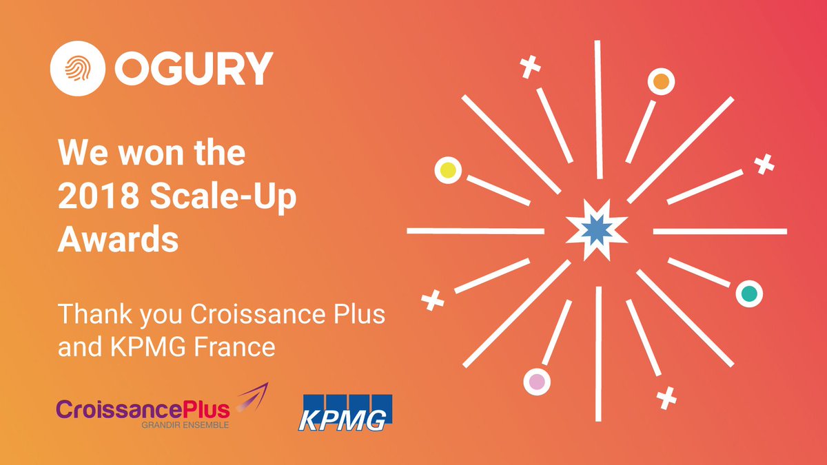 We won the 2018 #ScaleUpAwards 🏆 Our CEO &amp; co-founder, <a href="/jeancanzoneri/">Jean Canzoneri</a>, picked up the award after a successful pitch about #AI &amp; #mobiledata. A special thanks to <a href="/croissanceplus/">CroissancePlus</a>, <a href="/danetjb/">jean-baptiste danet</a> &amp; <a href="/KPMG_France/">KPMG France</a> for the award. Congratulations to all of Team #Ogury!